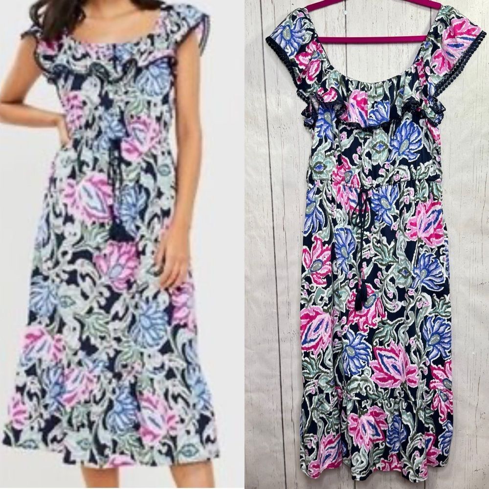 Loft Floral Ruffle Neck Midi Dress Boho Cottagecore Tassel Tie Size M Romantic